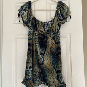 Urban Outfitters Blue Teal and Gold Floral Velvet Mini Dress